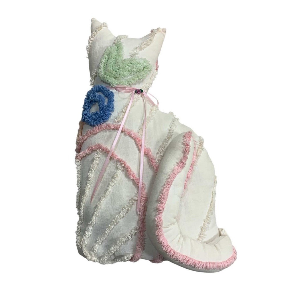 Vintage Chenille Cat Pillow Plush 15" Shabby Chic Cottagecore Decorative Tufted